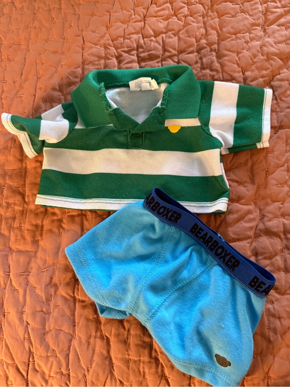 Build-A-Bear Green & White Striped Polo with Light Blue Bear Boxer Shorts